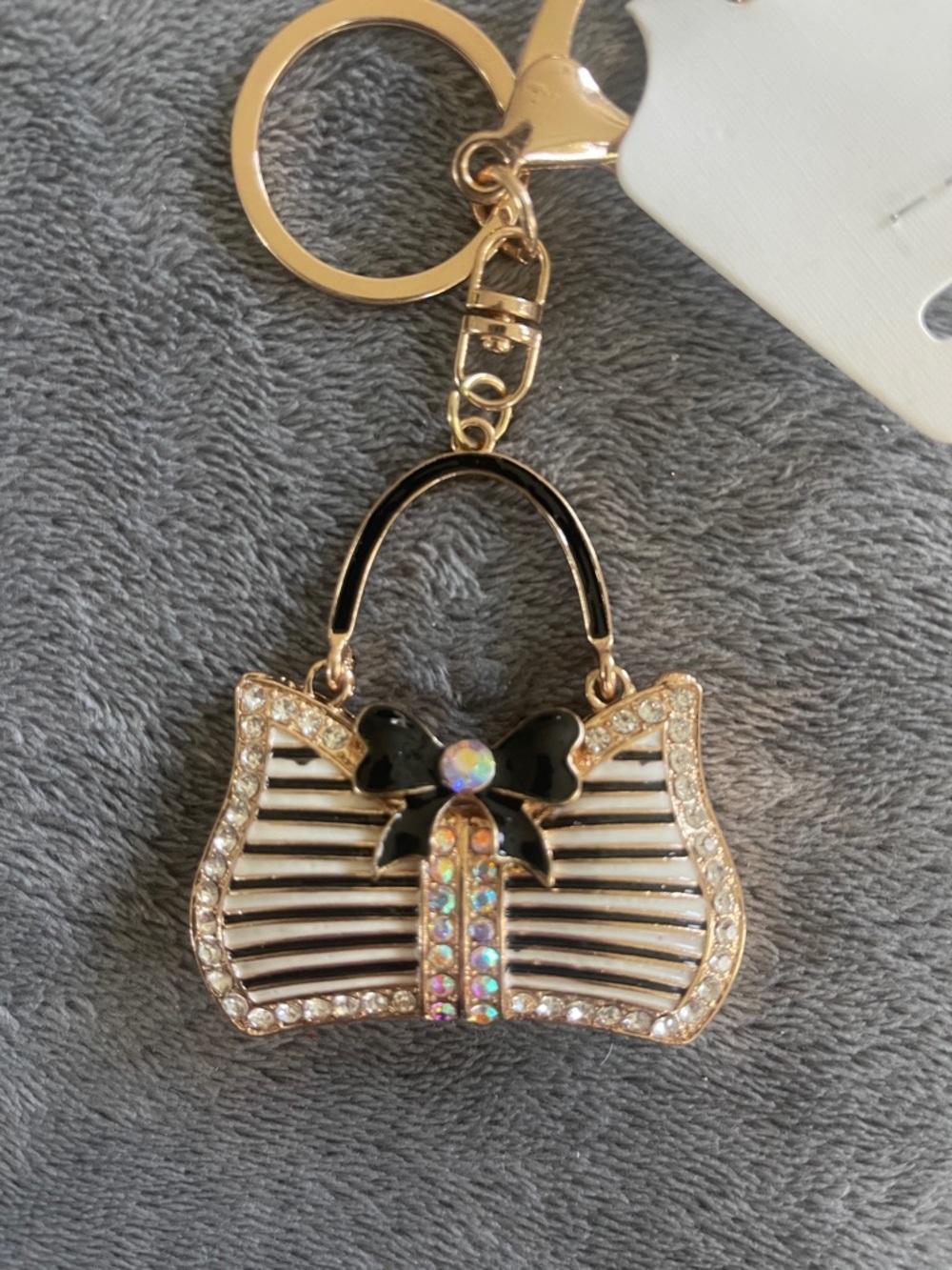 Crystal Striped Handbag Keychain bag charm Black & White enamel and rhinestone
